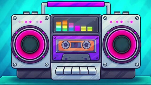 Colorful hand-drawn animation of a retro 1980s cassette boombox. Cassette spins, and the speakers bounce rhythmically to the music. Fun nostalgic cartoon style, 4K animation.
