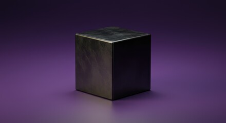 A metallic cube sits centered on a gradient purple background, with a subtle texture and reflections catching the light