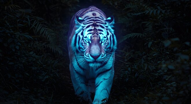 Mystical white tiger illuminated by ethereal blue light walking through a dark, shadowy jungle
