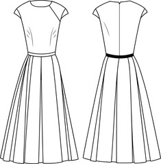Elegant dress fashion illustration, technical flat sketch, front and back view, pleated skirt, cap sleeve, round neck, garment design