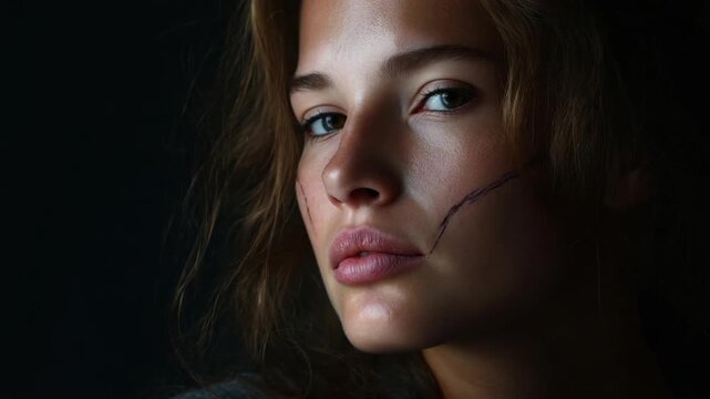 Close-up of a woman with a diagonal scar across her cheek, shown in moody lighting.