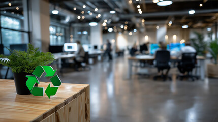 Defocused scene of open-plan workspace with floating recycling emblem, faceless silhouettes and neutral tones highlighting sustainability concept, with copy space