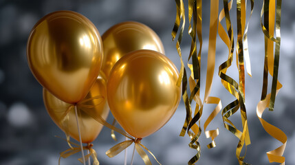 Faceless close-up composition featuring metallic gold balloons, subtle light reflections and defocused background streamers, with copy space