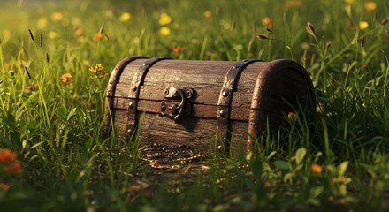 An ancient wooden treasure chest rests partially buried in a vibrant, sun-dappled meadow filled with lush green grass and small wildflowers, evoking a sense of mystery and discovery