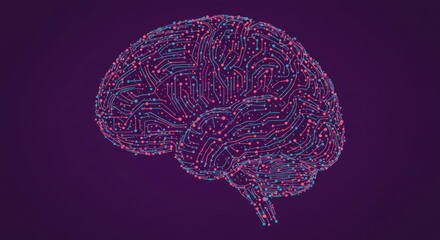 Digital depiction of a human brain formed with circuit-like lines and dots in vibrant pink and blue against a dark purple background