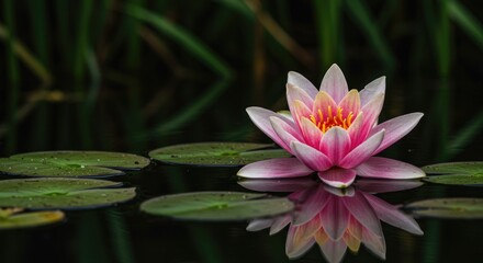 A delicate pink and yellow water lily floats serene on dark, reflective water, surrounded by green lily pads and tall reeds