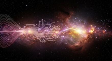 A circuit board morphs into cosmic energy, merging with a nebulae and flowing light amid a starry backdrop