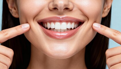 Obraz premium Professional close-up of smiling woman’s mouth showing perfect teeth, index fingers pointing at cheeks, clean pale blue-grey background, banner format