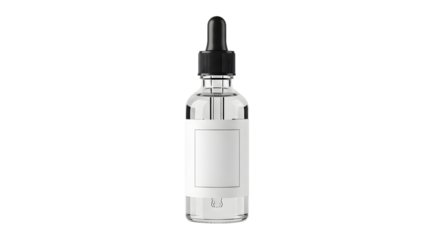 A cosmetic glass dropper bottle with clear serum and a blank white label, isolated on a white background for product mockup