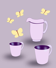 Two cups and a jug against a blue-purple background and some butterflies.
