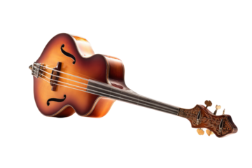 A vintage sunburst acoustic bass guitar with f-holes and an ornate carved headstock, isolated on a solid transparent background. background removed