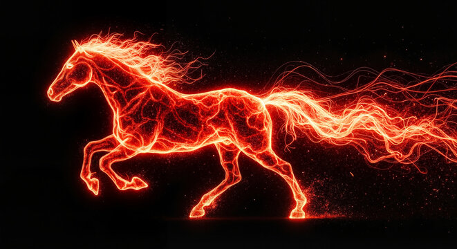Running horse made of glowing red light against black background  