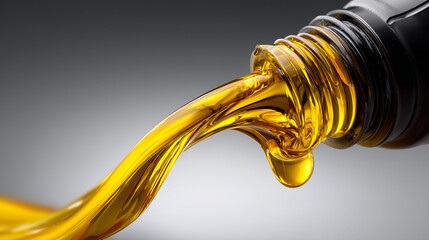Close-up of golden motor oil pouring from a bottle. Viscous engine lubricant in fluid motion. Automotive maintenance and industrial lubrication concept