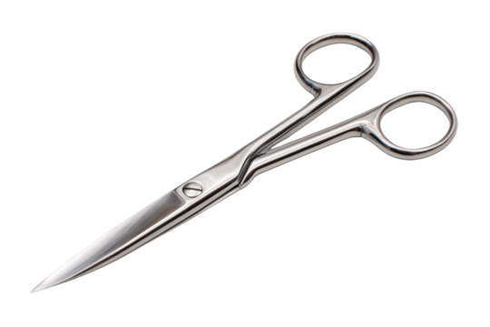 A close-up of a gleaming silver stainless steel surgical scissor, featuring sharp blades and ergonomic finger rings, isolated against a solid transparent background. background removed