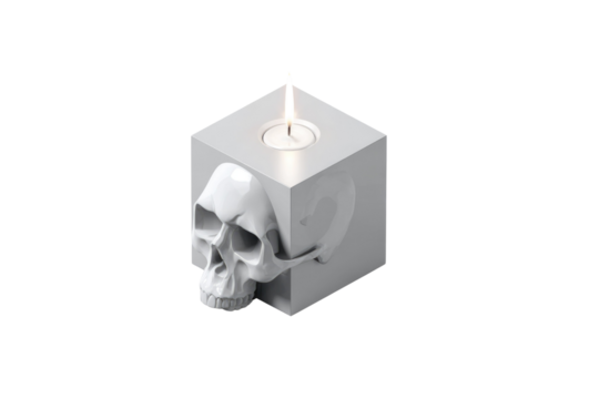 A white skull partially embedded in a white cube with a lit candle on top, rendered in a minimalist style against a transparent background. background removed