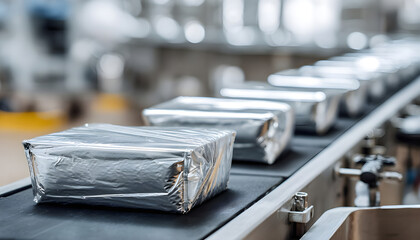 Aluminum package closeup/Foil bag on production line/Packaging products/Food packaging process/Products on conveyor belt/Packaging of food products/Production line at dairy factory