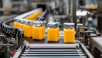 Fototapeta premium Aluminum package closeup/Foil bag on production line/Packaging products/Food packaging process/Products on conveyor belt/Packaging of food products/Production line at dairy factory