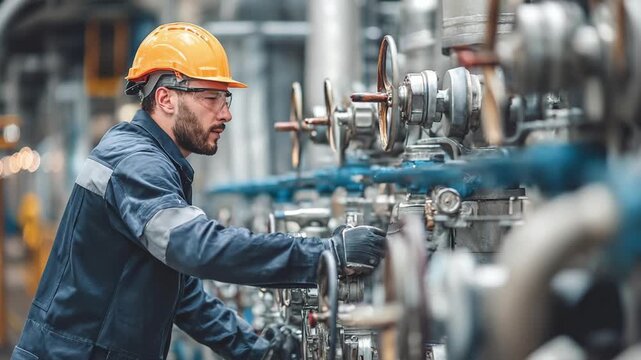 A worker in an orange hard hat and safety gear adjusts valves on a piping system in an industrial plant.