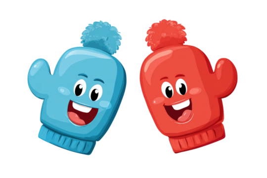 Two joyful cartoon mittens, one blue and one red, with smiling faces and pom-poms, symbolizing winter warmth and playful cheer. background removed - Powered by Adobe