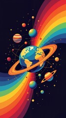 Colorful planetary system with vibrant rainbow spectrum, digital art, cosmic theme, depicting unity in diversity, concept of space exploration and education.