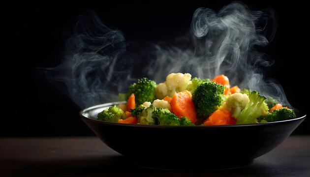 The steam from the vegetables carrot broccoli Cauliflower in a black bowl, a steaming. Boiled hot Healthy food on table on black background,hot food and healthy meal concept