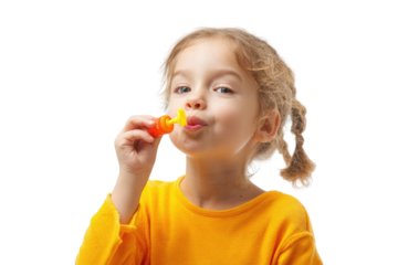 A cheerful young girl with pigtails, wearing a yellow top, playfully blows bubbles towards the camera on a transparent background. background removed