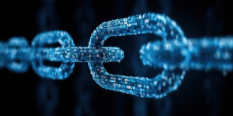 a blue digital chain, symbolizing the security of blockchain technology with binary code in the background Generative AI