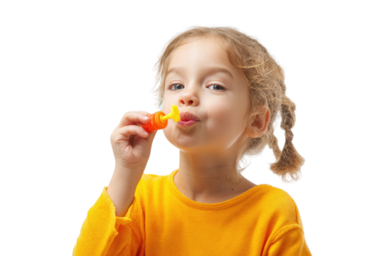 A cheerful young girl with pigtails, wearing a yellow top, playfully blows bubbles towards the camera on a transparent background. background removed