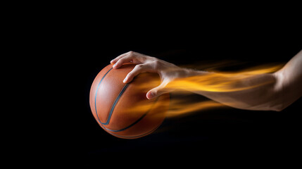 Man holding flaming basketball in hand on black background, symbol of power and energy
