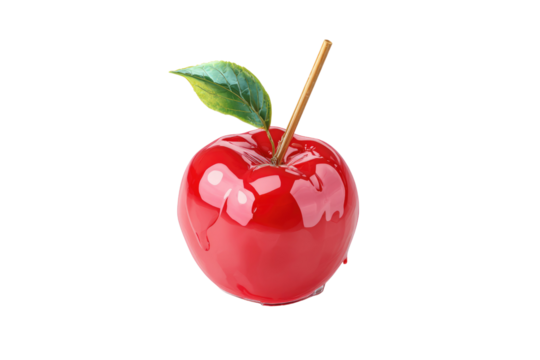 A vibrant red candy apple, glossy and coated in sweet caramel, with a stick and green leaf, isolated. background removed