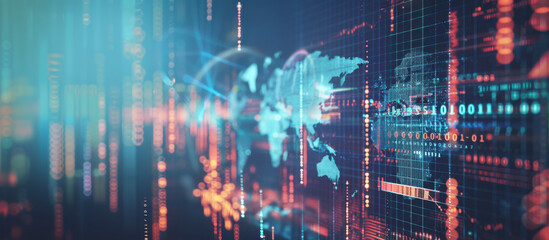 Obraz premium Global Data Network: Immerse yourself in the intricate world of global data networks, where technology intertwines with digital innovation and worldwide interconnectedness.