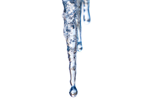A beautiful, clear icicle slowly melts, forming delicate water droplets ready to fall, against a solid transparent background. background removed