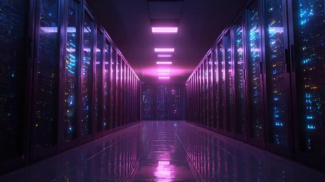 A data center corridor with rows of server racks glowing purple under neon lights.