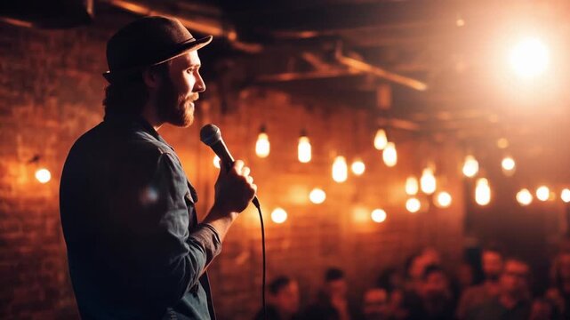 A man wearing a hat performs stand-up on a small, warmly lit stage, microphone in hand, as an audience watches.