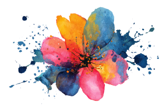 Vibrant watercolor flower with blue, orange, and pink petals, accentuated by artistic paint splatters. A lively, expressive, and colorful illustration. background removed - Powered by Adobe