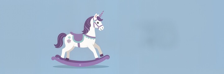 Minimal folk-art illustration of a rocking horse in purple and mint colors, empty space background, concept of playful and safe children's environment, toy store, children's decor