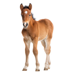 Fototapeta premium A cute brown foal with a white blaze stands attentively, looking directly at the viewer against a plain transparent background. background removed