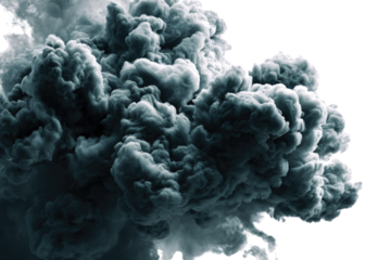 Voluminous dark smoke plume erupting dynamically, featuring intricate swirls of grey and black against a solid transparent background, capturing a powerful explosion. background removed