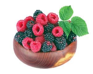 fresh ripe raspberries and blackberries in a bowl isolated on a transparent background. summer healthy berries