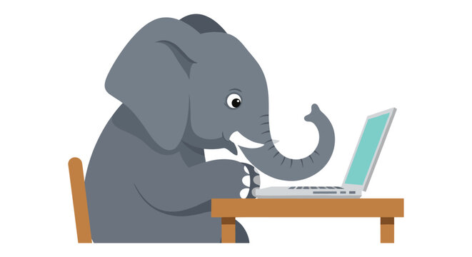 Playful elephant typing on laptop at desk in cartoon style
