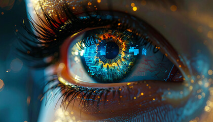 Digital Gaze: A mesmerizing close-up of an eye, where the iris transforms into a digital landscape reflecting intricate code and data, portraying the convergence of technology and human vision.