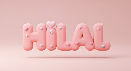 Hilal" pink 3D text with hearts and stars, soft pastel colors, cute and decorative typography, creative lettering design, celebration and love