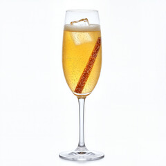 Sparkling Sujeonggwa, a modern Korean cinnamon punch cocktail in a champagne flute. Festive holiday drink with a cinnamon stick stirrer isolated on a white background