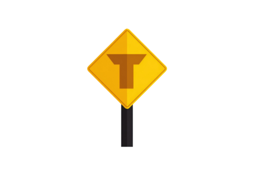 A yellow diamond T-intersection road sign on a black pole, warning drivers of an upcoming three-way junction. background removed