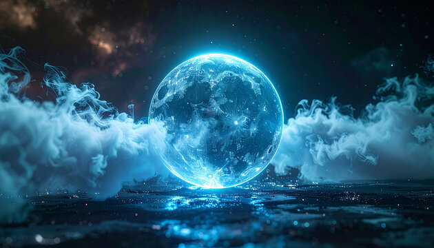 Cosmic Glow: An ethereal sphere of vibrant, azure light illuminates the night sky. Swirling clouds add to the mystery and wonder of the scene. The glow captivates and sparks imagination.