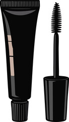 Black mascara tube and brush vector isolated on white background for beauty makeup cosmetics design
