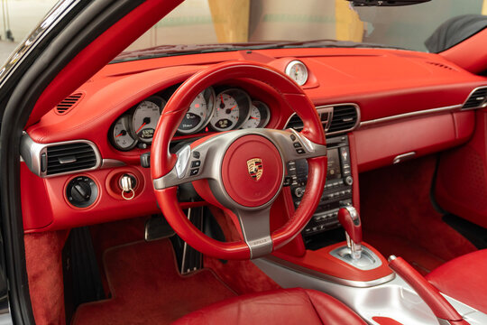 Porsche 911 Carrera 4S full red leather interior cockpit view