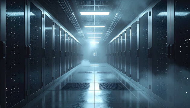 Digital Data Hub: An evocative depiction of a modern server room, bathed in an ethereal, bluish glow. Rows of sleek server racks stretch into the distance, suggesting data's limitless expanse.