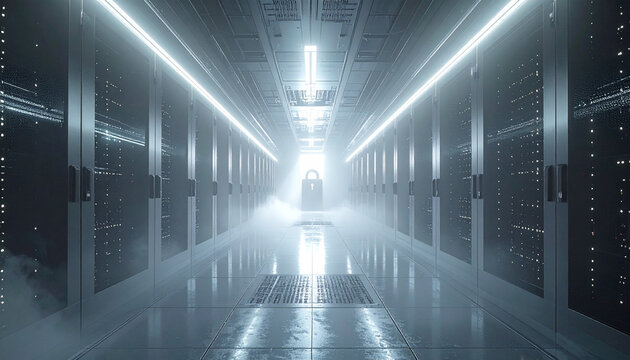 Digital Fortress: A futuristic, neon-lit corridor in a server room, symbolizing the heart of digital data and technological advancement, creates a sense of awe and wonder.