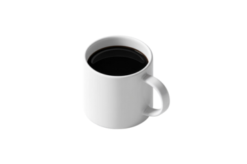 A clean, white ceramic coffee mug, full of dark black coffee, presented from an elevated angle on a solid background. background removed